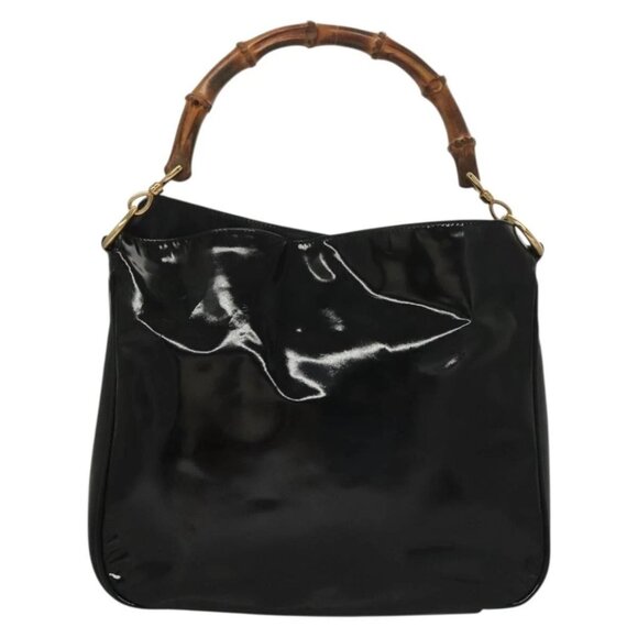GUCCI Bamboo Hand Bag Enamel 2way Black Gold - Picture 7 of 16